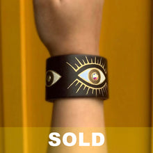 Load image into Gallery viewer, "Blinging Eyes" Hand-painted on Brown Leather Bracelet - SOLD