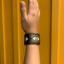 Load image into Gallery viewer, "Blinging Eyes" Hand-painted on Brown Leather Bracelet - SOLD