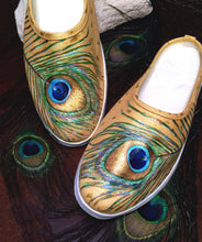 Load image into Gallery viewer, "Peacock Feathers" Hand-Painted on Canvas Mules
