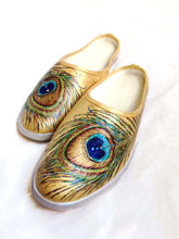 Load image into Gallery viewer, "Peacock Feathers" Hand-Painted on Canvas Mules
