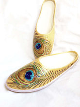 Load image into Gallery viewer, "Peacock Feathers" Hand-Painted on Canvas Mules