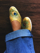 Load image into Gallery viewer, "Peacock Feathers" Hand-Painted on Canvas Mules