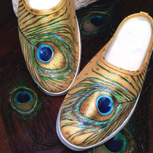 Load image into Gallery viewer, "Peacock Feathers" Hand-Painted on Canvas Mules