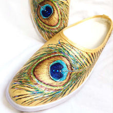 Load image into Gallery viewer, "Peacock Feathers" Hand-Painted on Canvas Mules