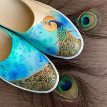 Load image into Gallery viewer, "Peacock Sun" Hand-painted on Canvas Mules | Size 9