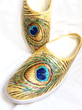 Load image into Gallery viewer, "Peacock Feathers" Hand-Painted on Canvas Mules