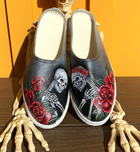 Load image into Gallery viewer, "Roses & Skullz" Hand-painted on Canvas Mules | Size 7