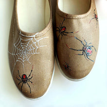 Load image into Gallery viewer, &quot;Black Widow Spiders&quot; Hand-painted on Canvas Mules | Size 6
