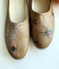 Load image into Gallery viewer, &quot;Black Widow Spiders&quot; Hand-painted on Canvas Mules | Size 6
