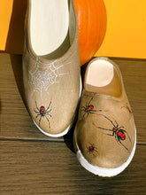 Load image into Gallery viewer, &quot;Black Widow Spiders&quot; Hand-painted on Canvas Mules | Size 6
