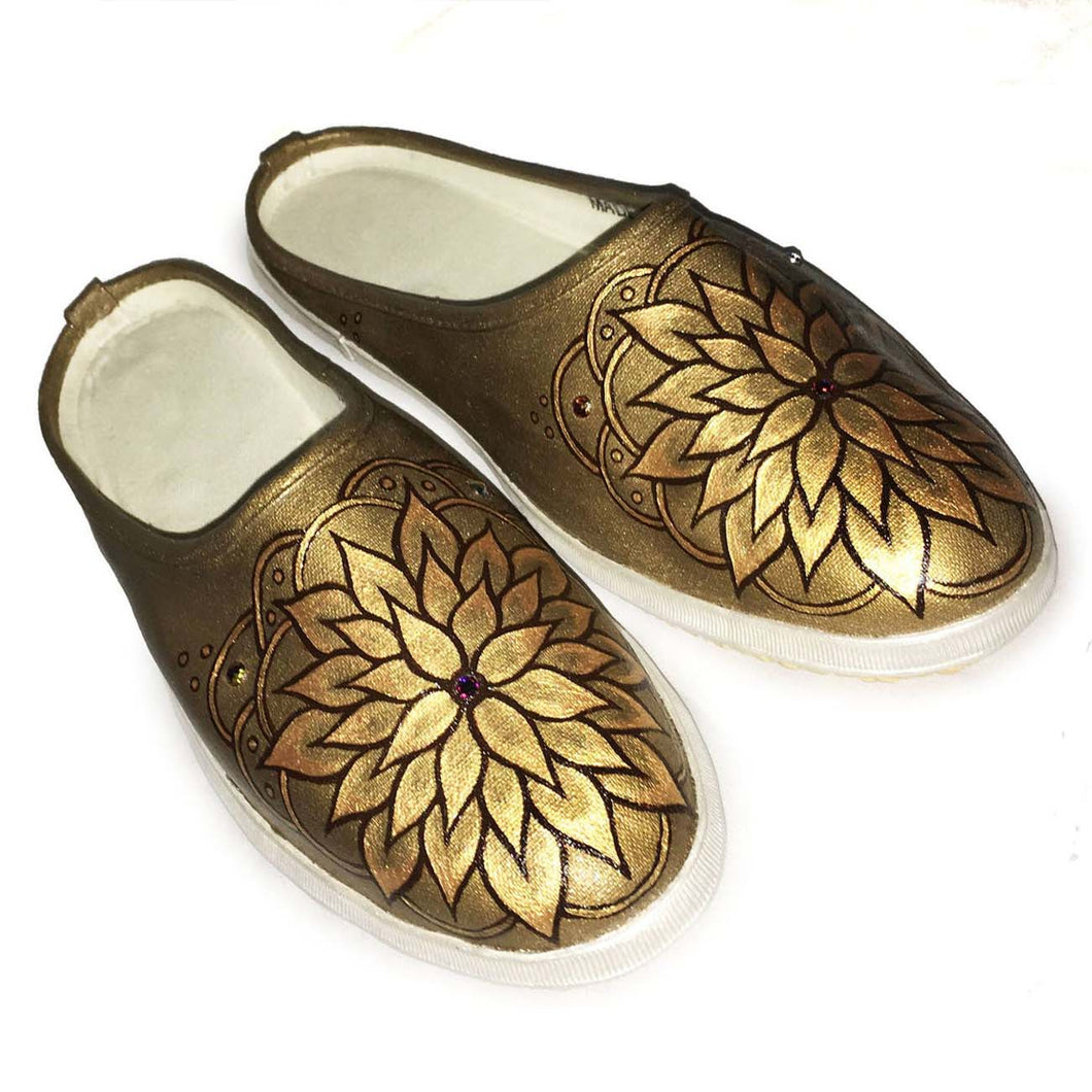 Gold Flower Mandala Hand-painted  on Canvas Mules | Size