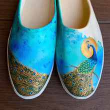 Load image into Gallery viewer, &quot;Peacock Sun&quot; Hand-painted on Canvas Mules | Size 9
