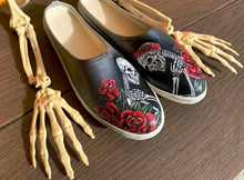 Load image into Gallery viewer, &quot;Roses &amp; Skullz&quot; Hand-painted on Canvas Mules | Size 7
