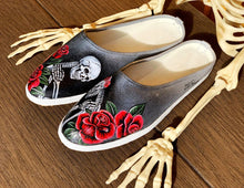 Load image into Gallery viewer, &quot;Roses &amp; Skullz&quot; Hand-painted on Canvas Mules | Size 7
