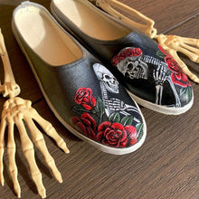 Load image into Gallery viewer, &quot;Roses &amp; Skullz&quot; Hand-painted on Canvas Mules | Size 7
